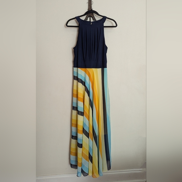 Studio One Maxi Dress Halter Neck Blue Yellow Lined Women's Size 12 - Picture 1 of 5